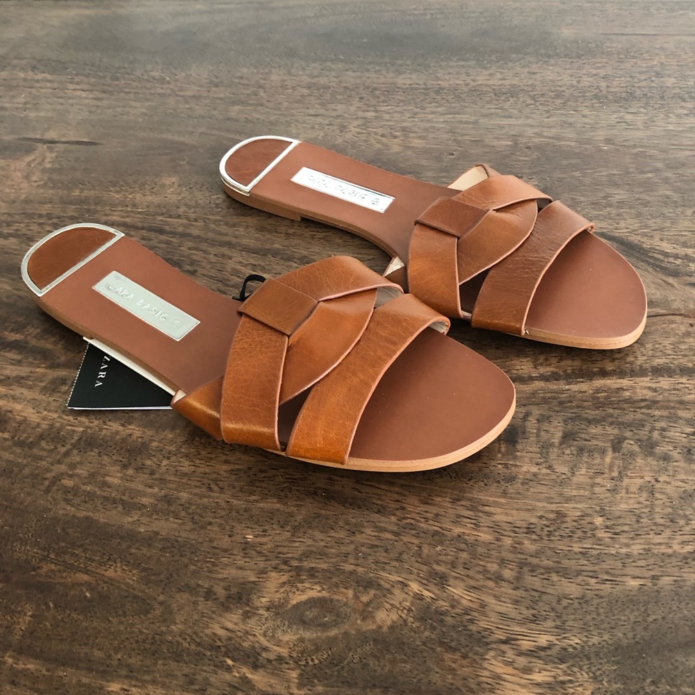Zara leather slip on sandals NWT